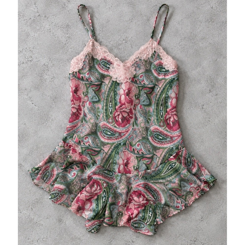 VTG Victoria's Secret Gold Label Paisley Floral Lace Ruffle Chemise Slip Dress S